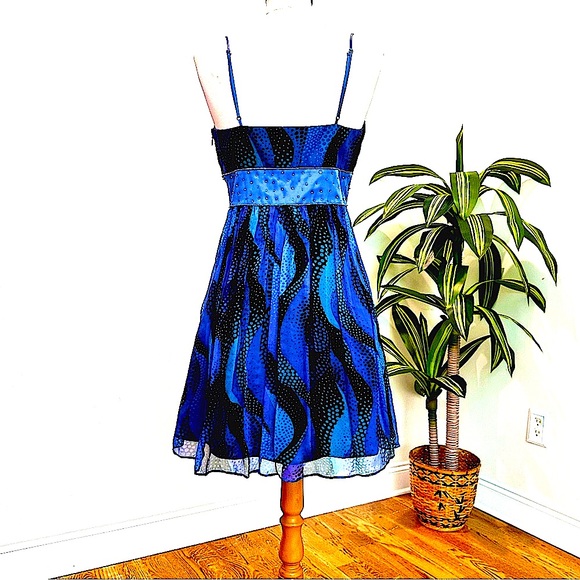 Y2K Laundry Dress Silk in Turquoise Blue Black Intricate Beadwork /Sequined - Picture 3 of 5